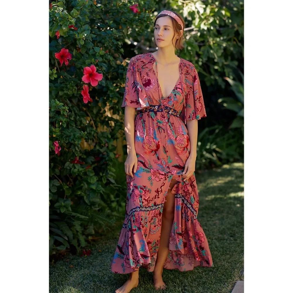 Anthropologie Ruffled Embroidered Maxi Dress